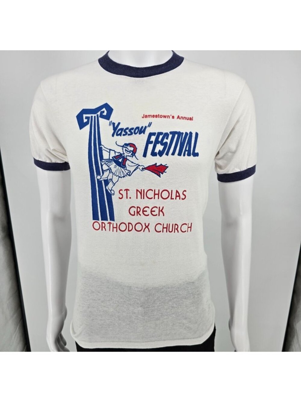 Vintage 1980s Jamestown "Yassou" Festival St. Nicholas Church Ringer Tee (S)